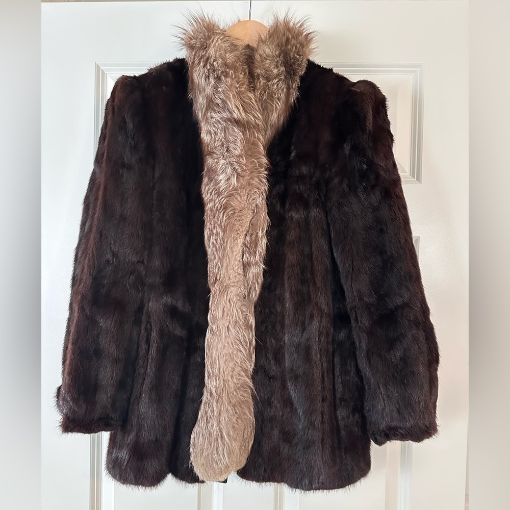 Genuine Black Mink Coat with Fox Fur Trim